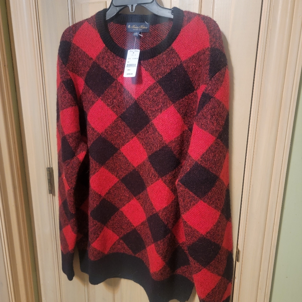 NWT Mens L Brooks Brothers Buffalo Plaid Black Red Preppy Alpaca Wool Sweater
